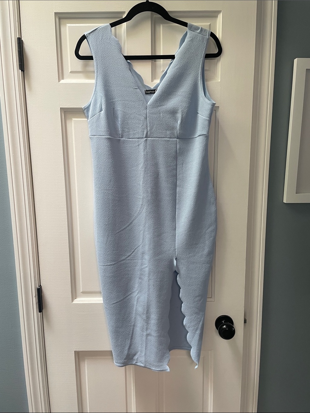 Boohoo Scallop-Trim Light Blue V-Neck Dress- Maternity